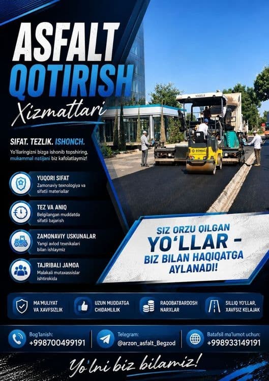 Asfalt xizmati butun viloyat boʻylab 60000soʻm kv
