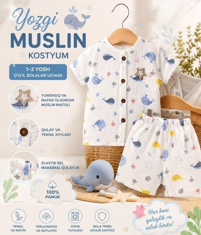 Yozgi Muslin Kostyum – 1-2 yoshli o‘g‘il bolajonlar uchun! — 2