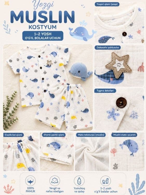 Yozgi Muslin Kostyum – 1-2 yoshli o‘g‘il bolajonlar uchun! — 4