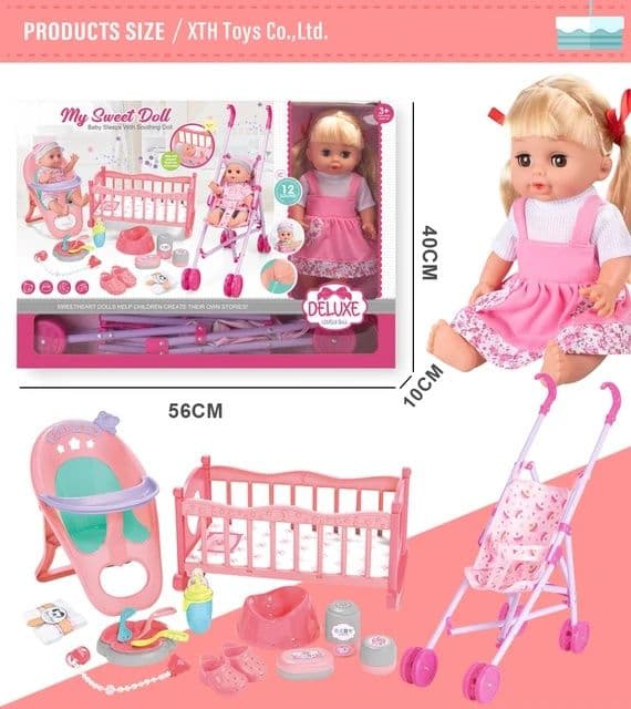 Игровой набор Кукла пупс Deluxe в розовом сарафане в полоску 30 см — 1