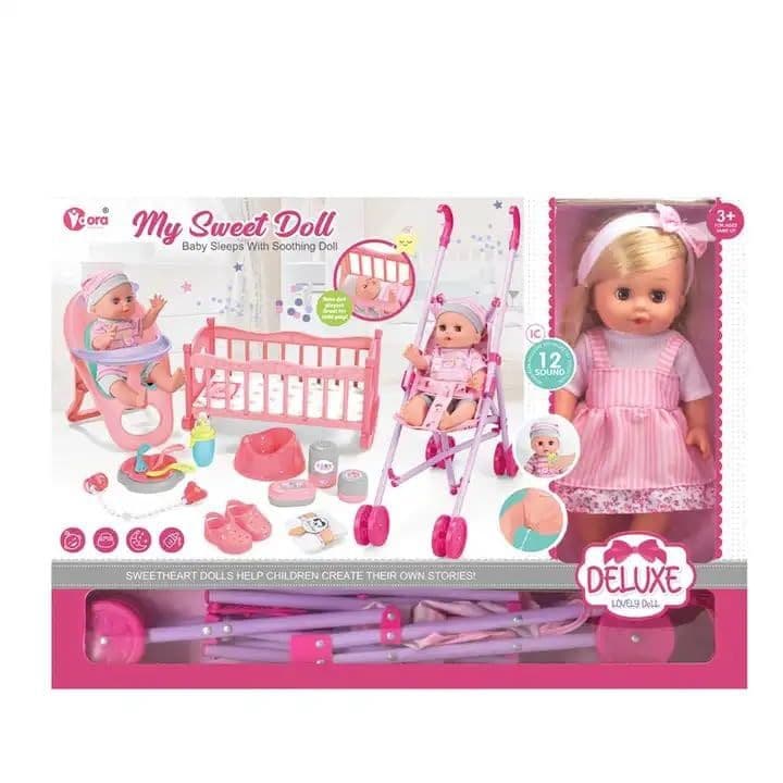 Игровой набор Кукла пупс Deluxe в розовом сарафане в полоску 30 см — 7