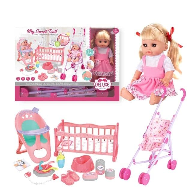 Игровой набор Кукла пупс Deluxe в розовом сарафане в полоску 30 см — 8