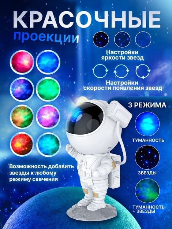 Детский ночник-проектор звездного неба Космонавт Доставка есть! — 6