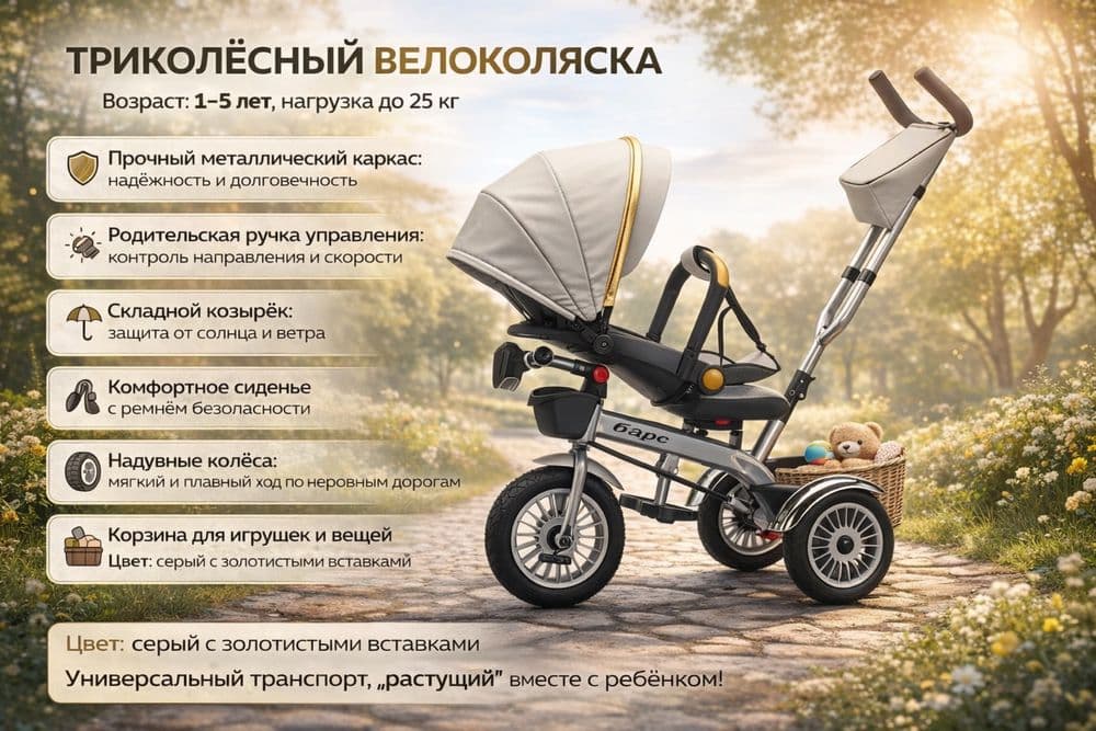 трёхколёсный велосипед с ручкой и козырьком Bars — 1