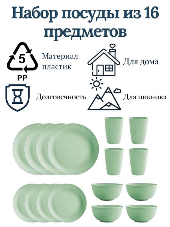Набор посуды на 4 персоны, 16 предметов из PP пластика, небьющийся — 6