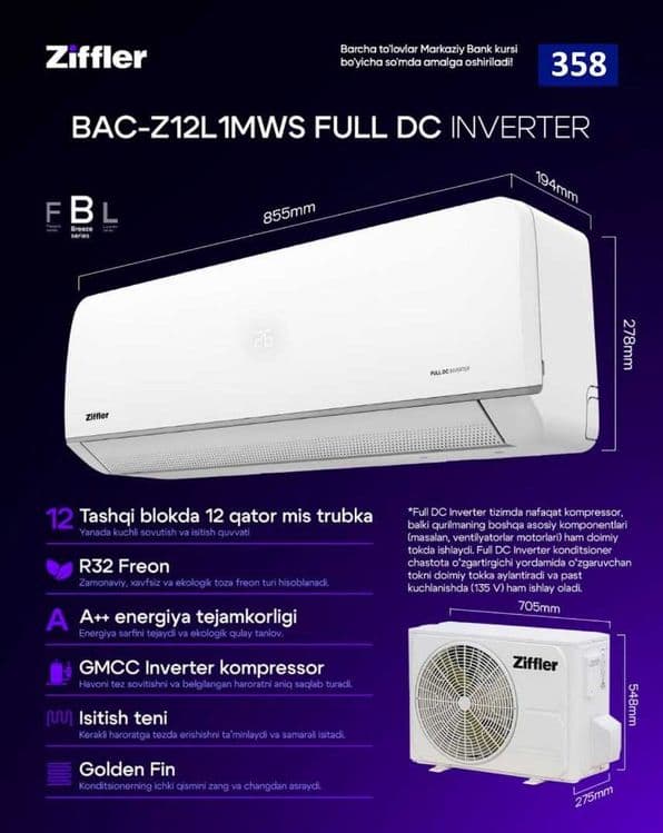 Кондиционеры Ziffler 12 Konditsioner | R32 Freon | Premium Inverter — 3