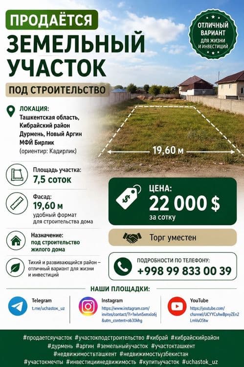 Дурмень. Новый Аргин. Крупская, продаётся земельный участок 7,5 соток — 1