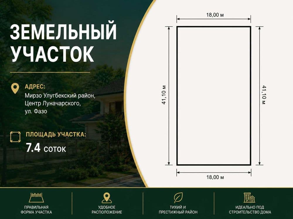 Участок 7.4 сотки 18×41 м — Центр Луначарского, ул. Фазо — 1