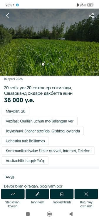 20 sotix yer 20 соток ер сотилади, Самарканд окдарё дахбетга якин — 1
