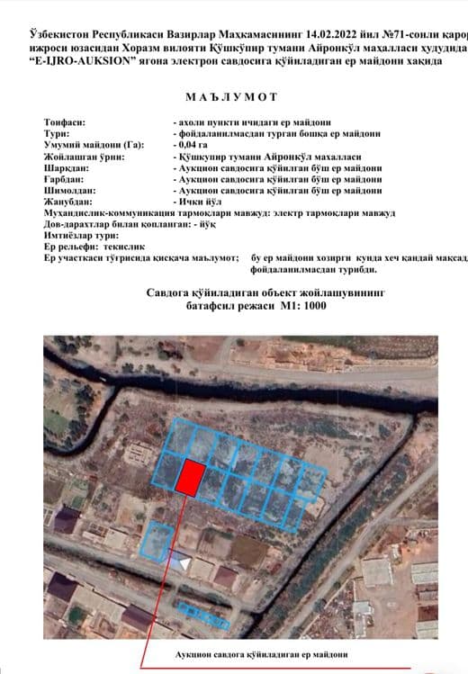 Кушкупир тумани Айронкул МФЙдан 400 м.кв жой урни сотилади — 1