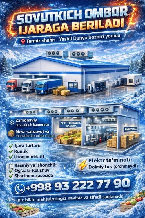 Sovutgich omborxona,sklad ijaraga beriladi ijarachi topganga 1 million — 2