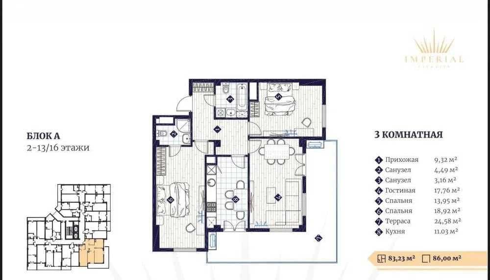 Imperial Club City юнусабад безрем центр премиум Площадь: 83,23 м²; — 1