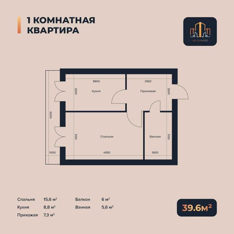 ЖК "Туркистон" с кадастром 2-комнатная 56м2 без ремонта — 5