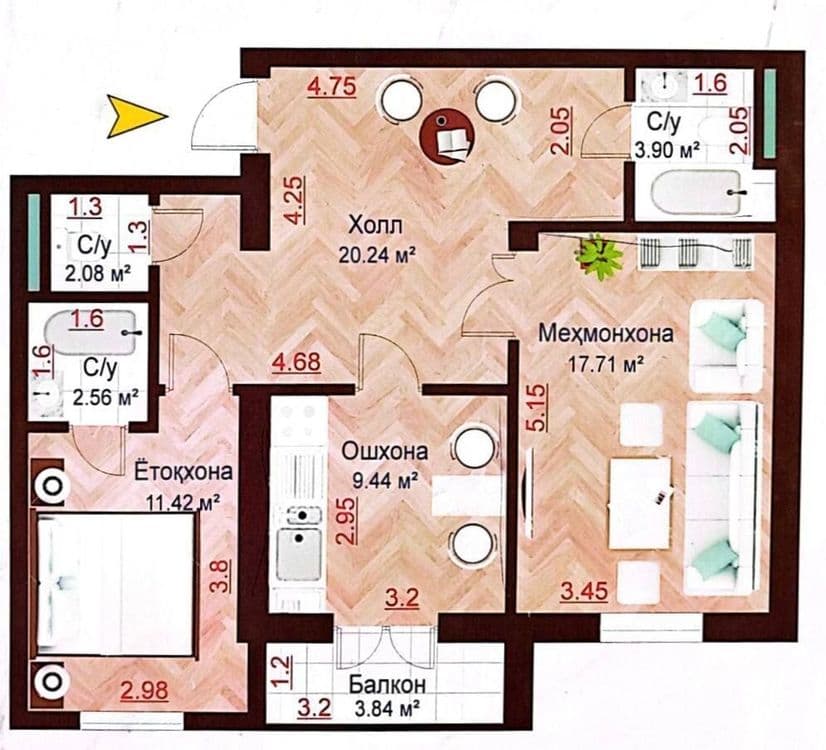 Коробка в жк Новдар/Юнусабаде-17 2х комнатная, 69 м2 — 1