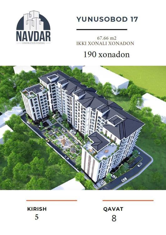 ‼️СРОЧНО‼️Продажа: 2-комн. квартира 68 м², Юнусобад 17 (Новостройка) — 2