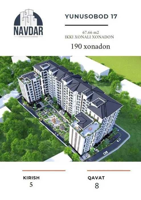 Продаётся 2-комн. квартира 68 м² (Новостройка), Юнусобад 17 — 2
