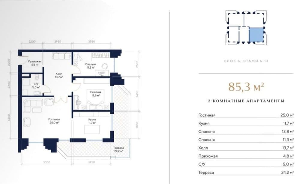 В хоршем ЖК Sapphire Terrace блок Б, квартира 3-комнатная 89м², 6 этаж — 2