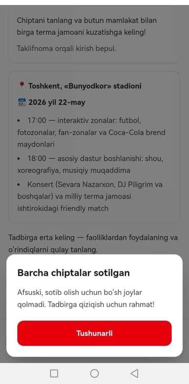Bilet sotiladi Uzbekiston uyini uchun — 3