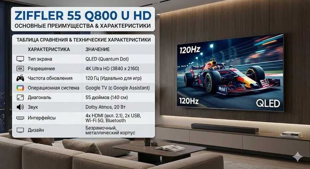 ZIFFLER F55Q850U 4K QLED Google tv 120HZ по Низким ценам +Доставка! — 3