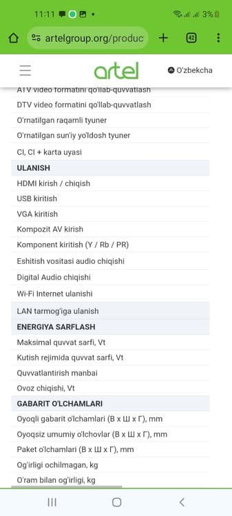 ARTEL UA43H3502 4K Ultra HD Golosovoy Dubl  pultli 3 yil gar — 3