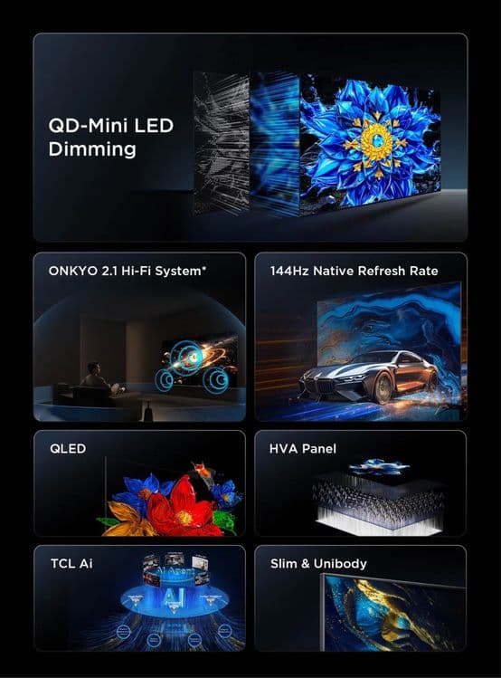 Телевизоры TCL 75P8L 144Hz QD-Mini Led Onkyo 2.1 Hi-Fi system — 2