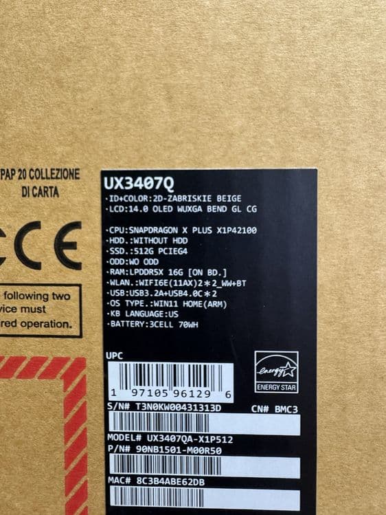 Asus Zenbook A14 UX3407QA WUXGA OLED Snapdragon X1 16GB LPDDR5X 512GB — 8