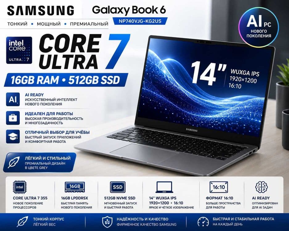 Samsung Galaxy Book 6 / Core Ultra 7 / 16GB / 512GB SSD / 14" FHD+ IPS