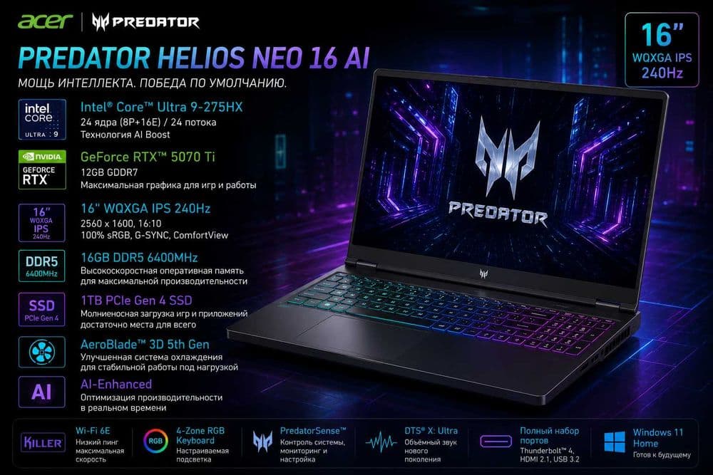 Acer Predator Helios 16 AI /Ultra 9 /16GB /1TB /RTX5070Ti 12GB /240Hz — 1