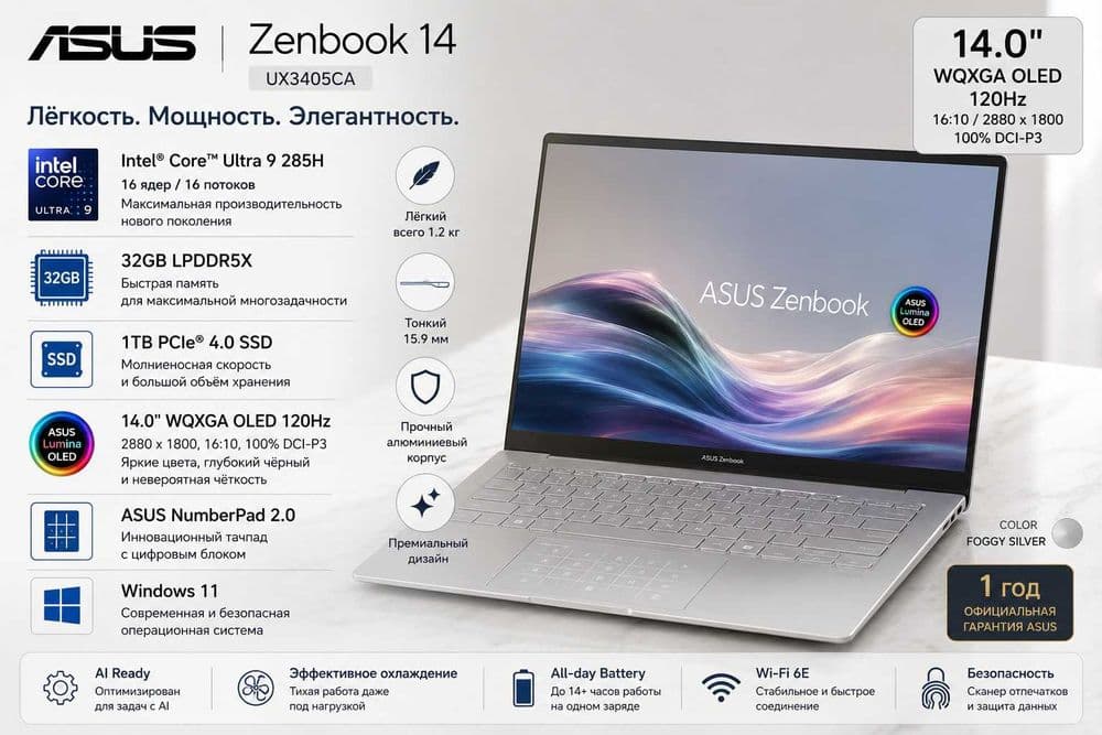 ASUS Zenbook 14 OLED / Ultra 9 / 32GB DDR5 / 1TB / 120Hz / Windows 11 — 1