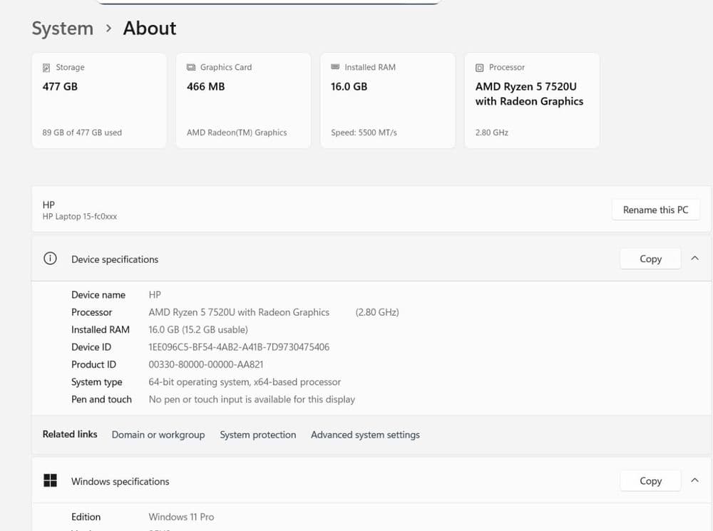 HP Noutbuk 512GB xotira, 16GB RAM Ryzen 5 7520U — 5