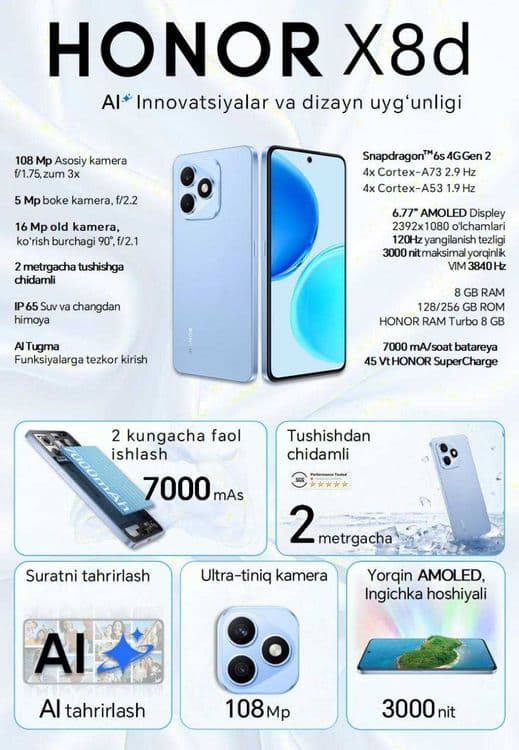 Honor ,Honor x8d New Madel 8/256,8/128 248$ Rasrochka ga ham bor — 2