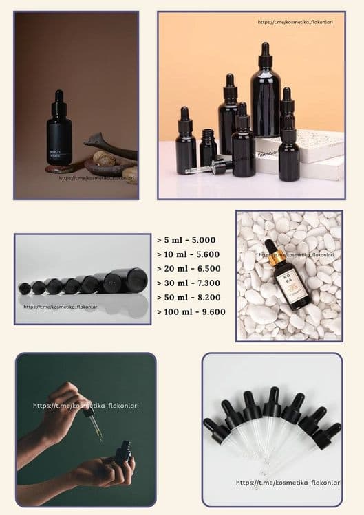 Kosmetika uchun shisha flakonlar va pipetkalar (Pipette droppers)