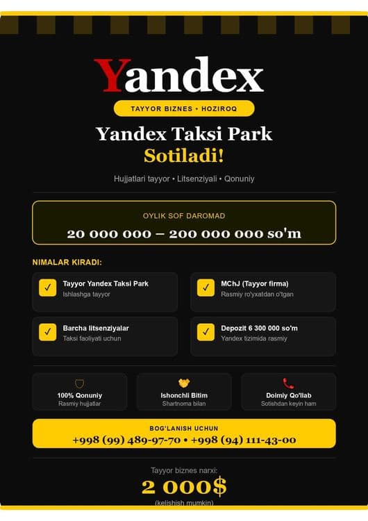 Tayyor yangi Yandex taksi park sotiladi Biznesingizni bugunoq boshlang — 1