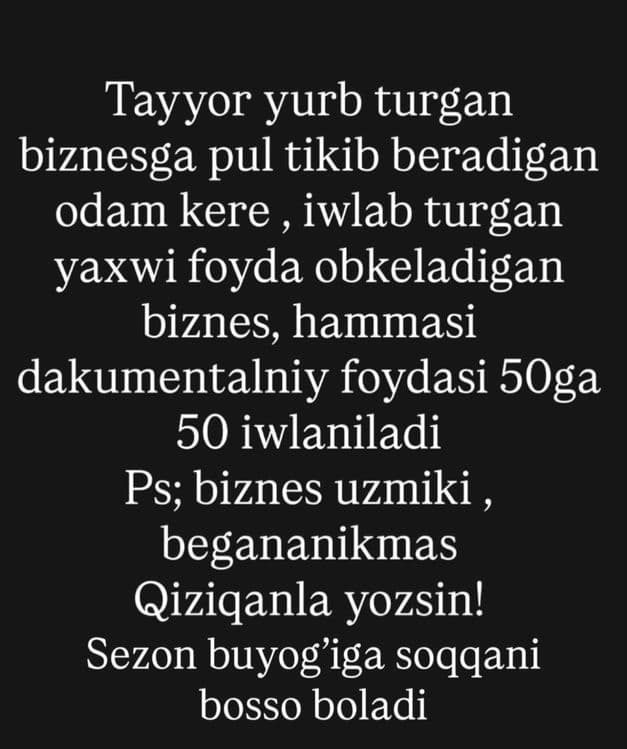 Tayyor yurb turgan biznesga pul tikib beradigan parknyor kerak — 1