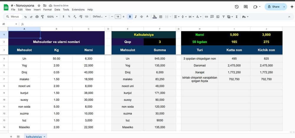 Excel  /  Google Sheets  ( Avtomatlashgan Tizimli Jadval) — 6
