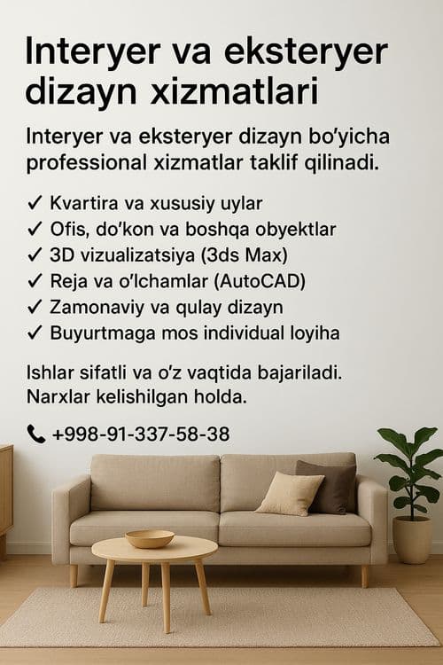 Interyer va eksteryer dizayn xizmatlari

Interyer va eksteryer dizayn — 1