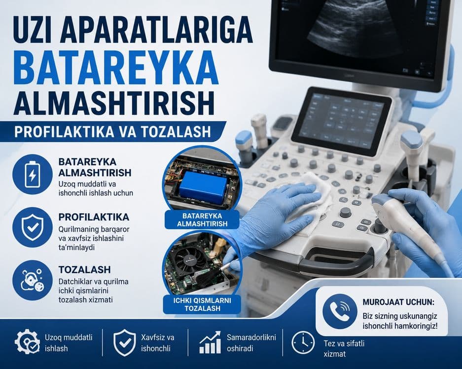UZI ( УЗИ ремонт) apparatlariga batareyka almashtirish, profilaktika v — 3