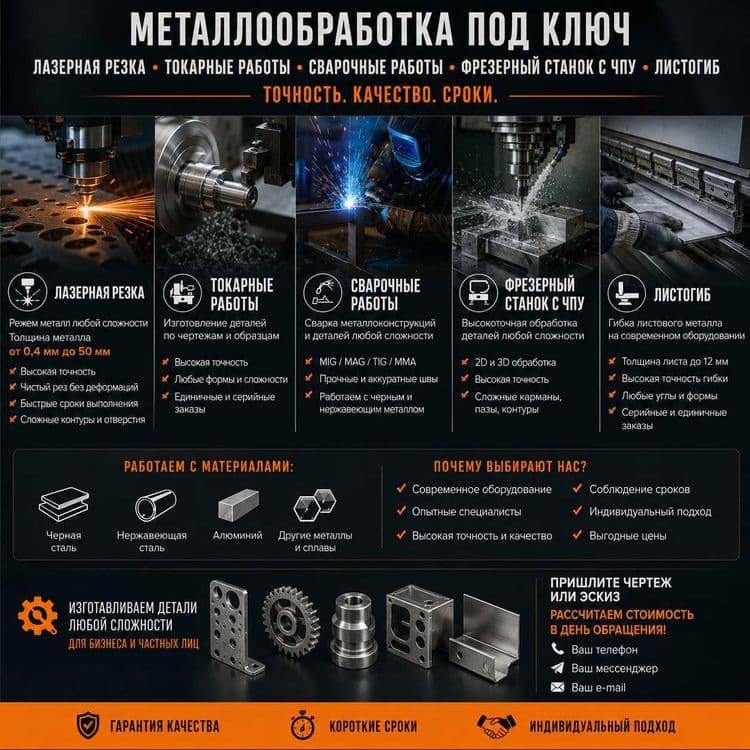 Lazer kesish 0,4–50 mm, Tokarlik, CNC frezer, Listogib, Payvandlash — 1