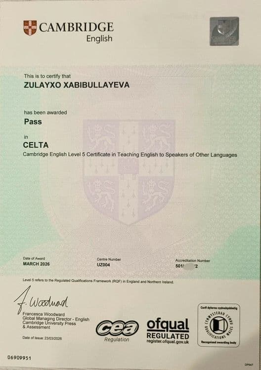Onlayn ingliz tili Celta sertifikatiga ega ustoz bilan!