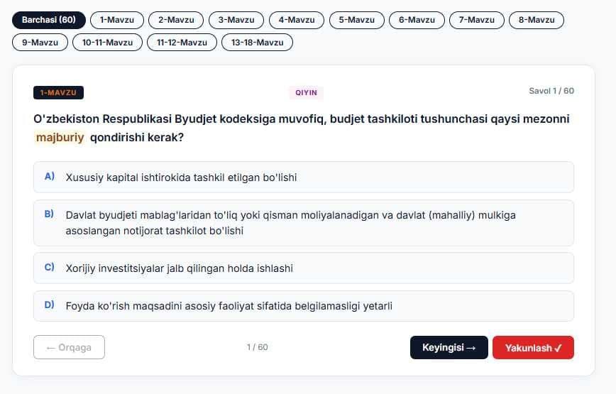 Moliya akademiyasi magistraturasiga kirishga tayyorlanish testlari