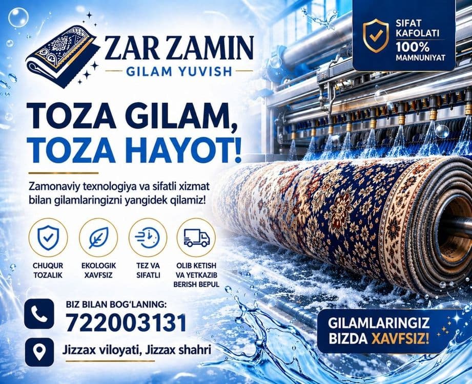 ZAR-ZAMIN GLAM YUVISH korxonasi  Jizzax shahar va tumanlar bo'ylab