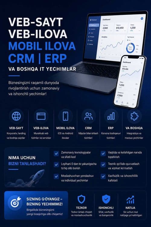 Vebsayt, veb ilova, mobil ilova, CRM, ERP va boshqalar #aytishnik