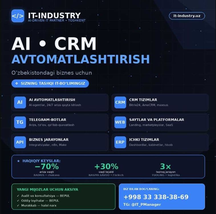 Biznes uchun AI, avtomatlashtirish va CRM | Saytlar, botlar, CRM — 1