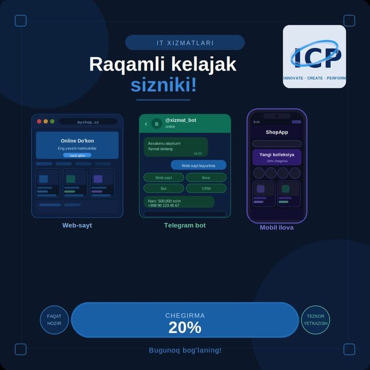 Web-sayt, onlayn market, telegram bot, CRM, mobile ilova,smm marketing