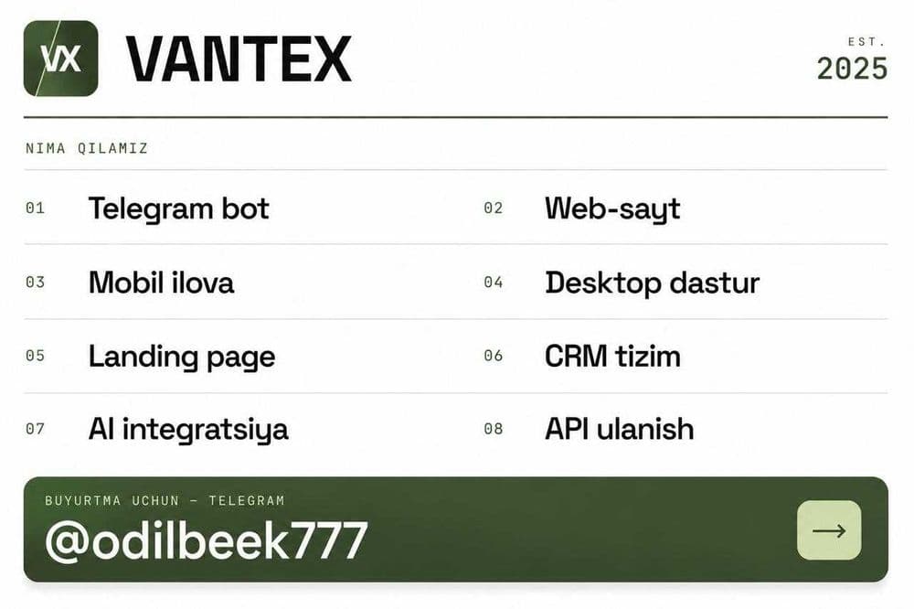 Telegram bot, web-sayt, mobil ilova, landing page, xizmatlari