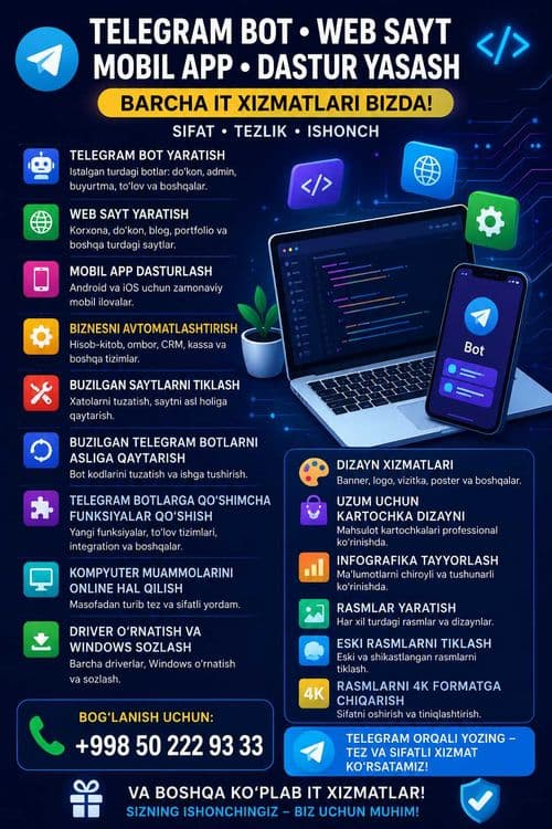 Telegram bot • Web sayt • Mobil ilova • Dastur yaratish |IT xizmatlari — 1