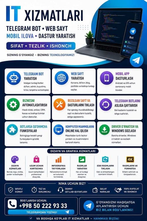 Telegram bot • Web sayt • Mobil ilova • Dastur yaratish |IT xizmatlari — 2