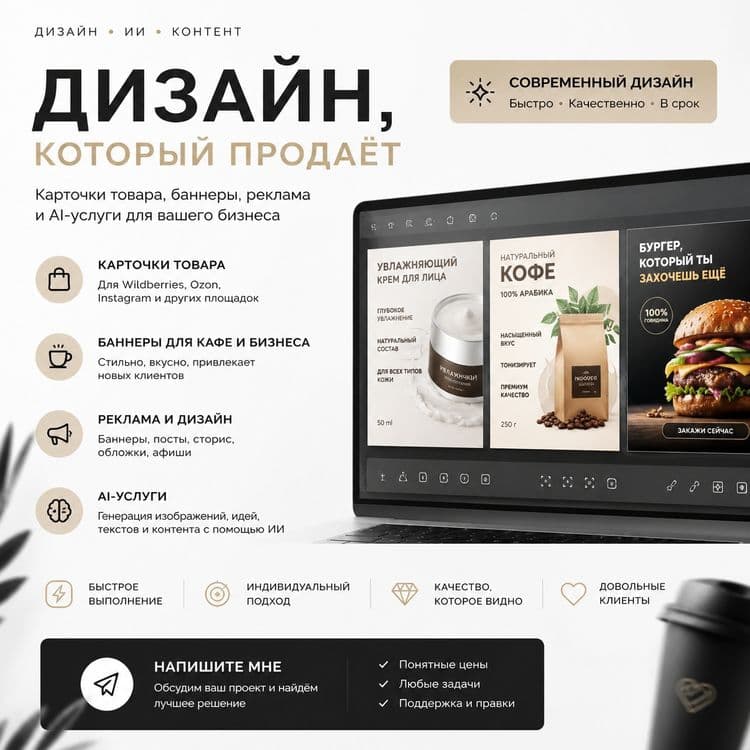 Фриланс Услуги
• карточки товара
• баннеры и рекламу
• дизайн для кафе — 1