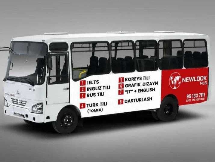 Samarqandda avtobuslarda reklama Реклама на автобусах в Самарканде — 3