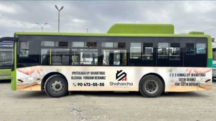 Samarqandda avtobuslarda reklama Реклама на автобусах в Самарканде — 5